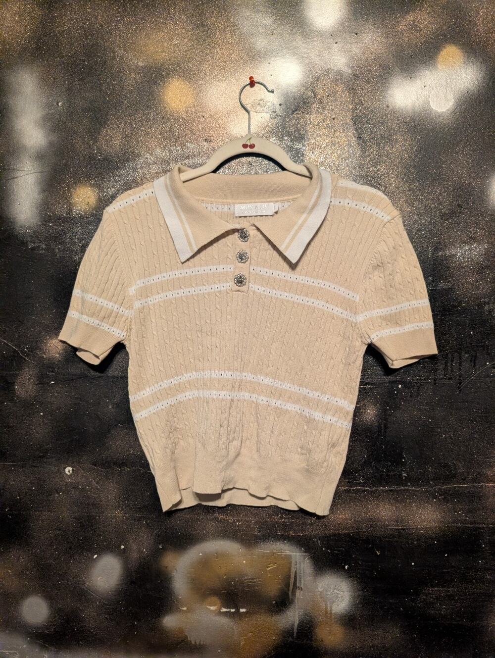 Muy Muy Fancy Collection Cable Knit Polo Shirt Women's Large Beige Stripe Jewel